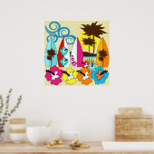 サーフショップサーフィン海ビーチサーフボードパームツリー ポスター (キッチン)