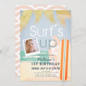 サーフズアップガールサーフボードビーチ写真1st誕生日 招待状 (正面/裏面)