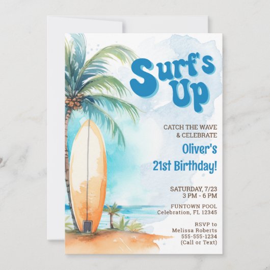 サーフズアップサマービーチ誕生日パーティーの招待状 招待状 (正面)
