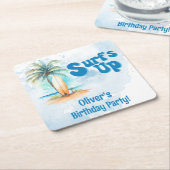 サーフズアップサマービーチ誕生日パーティー スクエアペーパーコースター (アングル)