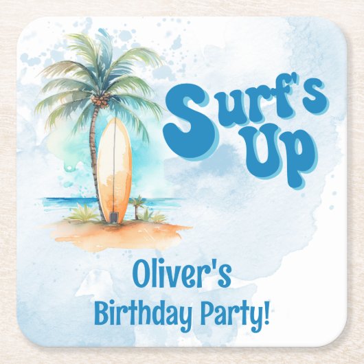 サーフズアップサマービーチ誕生日パーティー スクエアペーパーコースター (正面)
