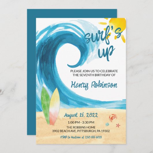 サーフズアップサーファービーチ誕生日招待状 招待状 (正面/裏面)