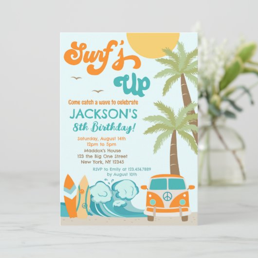 サーフズアップサーフビーチサーファー誕生日招待状 招待状 (スタンド正面)