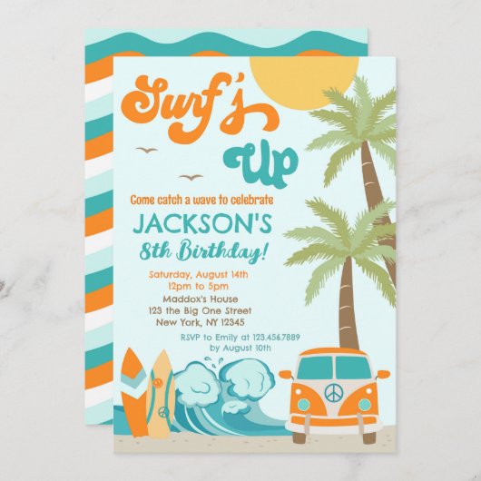 サーフズアップサーフビーチサーファー誕生日招待状 招待状 (正面/裏面)
