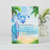 サーフズアップサーフボードオンビーチ誕生日任意の年齢 招待状 (スタンド正面)