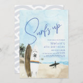 サーフズアップサーフボードビーチブルー誕生日 招待状 (正面/裏面)