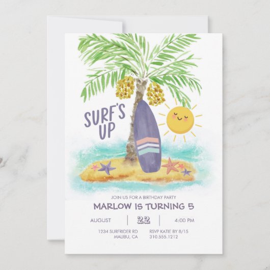 サーフズアップトロピカルビーチ誕生日パーティーへの招待 招待状 (正面)