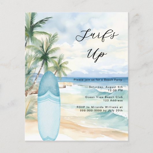 サーフズアップビーチサーフボードサマーパーティの招待状 (正面)