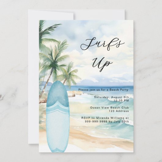 サーフズアップビーチサーフボードビーチサマーパーティー 招待状 (正面)