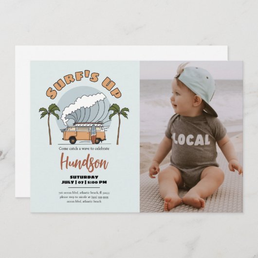 サーフズアップビーチ誕生日招待状フォトカード 招待状 (正面/裏面)