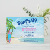 サーフズアップピンク&ブルーサーフボードビーチ誕生日 招待状 (スタンド正面)