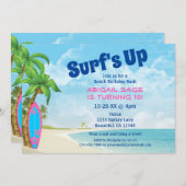 サーフズアップピンク&ブルーサーフボードビーチ誕生日 招待状 (正面/裏面)