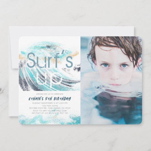 サーフズアップブルーウェーブサーフィン誕生日写真 招待状 (正面)