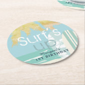 サーフズアップボーイサーフボードビーチ1st Birthday ラウンドペーパーコースター (アングル)
