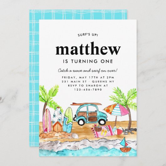 サーフズアップボードサマービーチウェーブサーフィン誕生日 招待状 (正面/裏面)