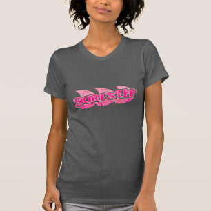 サーフズアップレディース明るいピンクの波を茶色のティーに Tシャツ