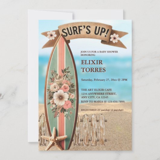 サーフズアップヴィンテージフローラベビーシャワー 招待状 (正面)