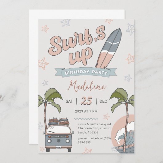 サーフズアップ海ビーチ誕生日招待状 招待状 (正面/裏面)