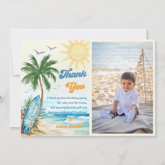 サーフビーチ誕生日パーティフォトサンキューカード 招待状 (正面)