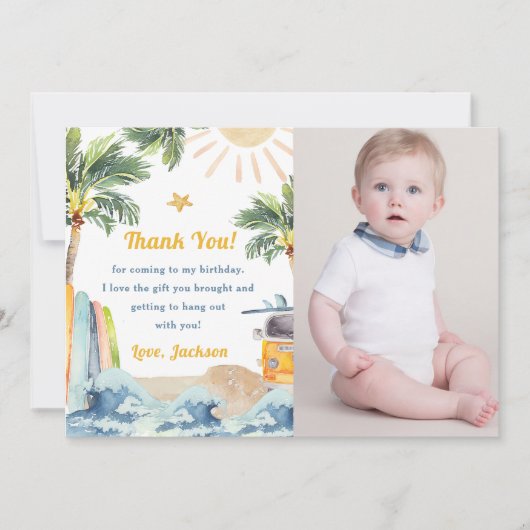 サーフビーチ誕生日パーティフォトサンキューカード 招待状 (正面)