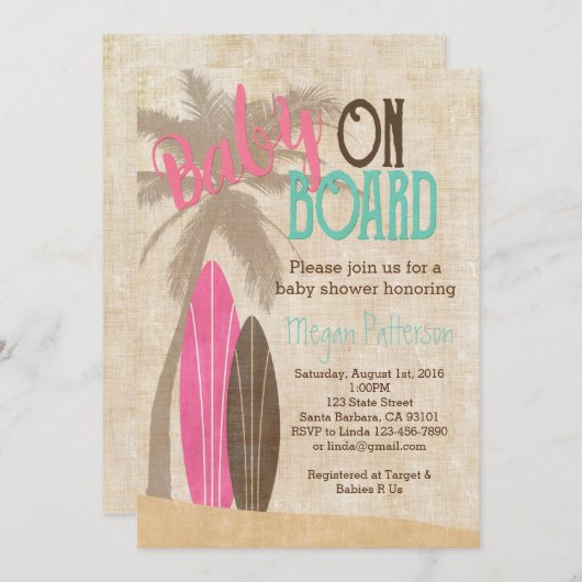 サーフベビーシャワー招待状ヴィンテージスタイルガール 招待状 (正面/裏面)