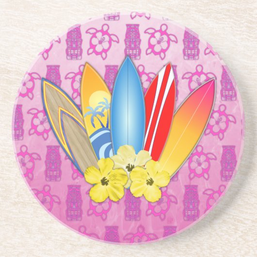 サーフボードおよびハイビスカスの花 コースター (正面)