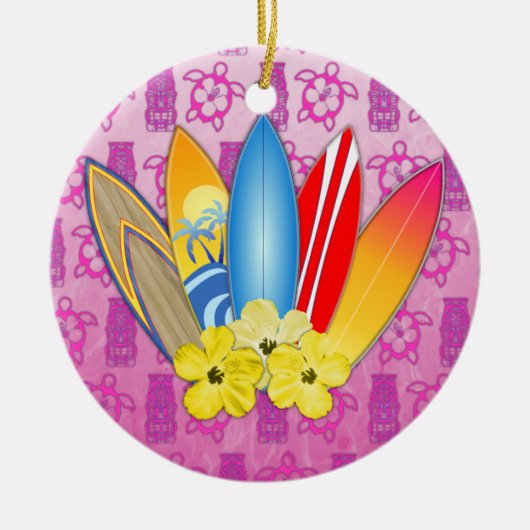 サーフボードおよびハイビスカスの花 セラミックオーナメント (正面)