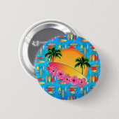 サーフボードおよびハイビスカスの花 缶バッジ (正面&裏面)