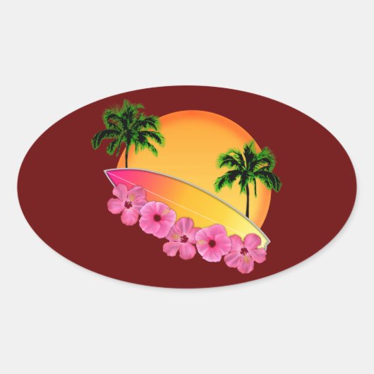 サーフボードとハイビスカスの花 楕円形シール (正面)