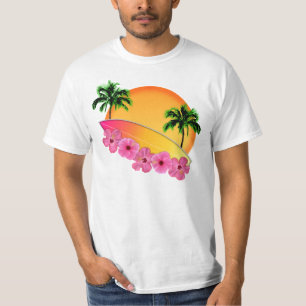 サーフボードとハイビスカスの花 Tシャツ