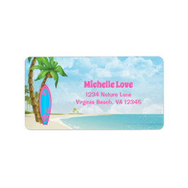サーフボードとビーチトロピカルサーフィンアドレス ラベル