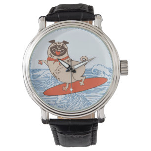 サーフボードに乗った波に乗る幸せなパグ犬  腕時計