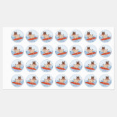 サーフボードに乗って幸せなパグ犬に波 ラベル (シート)