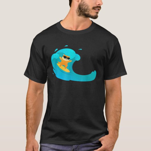 サーフボードに乗って波に乗るクールな猫 Tシャツ (正面)