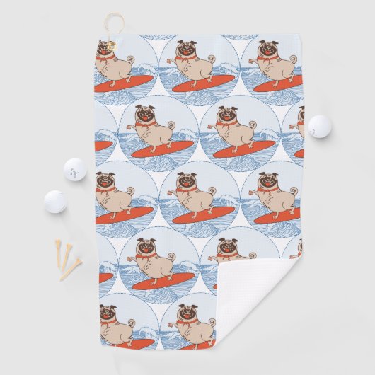 サーフボードのスカーフバンドで波乗りハッピーパグ犬 ゴルフタオル (インサイチュ)