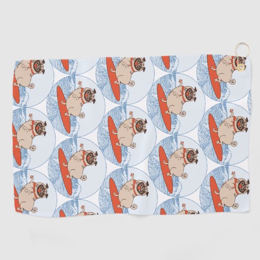 サーフボードのスカーフバンドで波乗りハッピーパグ犬 ゴルフタオル (横)