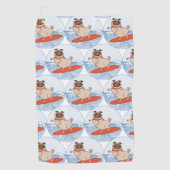 サーフボードのスカーフバンドで波乗りハッピーパグ犬 ゴルフタオル (正面)