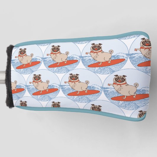 サーフボードのスカーフバンドで波乗りハッピーパグ犬 ゴルフヘッドカバー (正面)