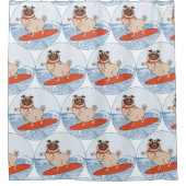 サーフボードのスカーフバンドで波乗りハッピーパグ犬 シャワーカーテン (正面)