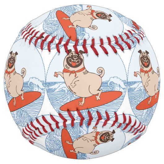 サーフボードのスカーフバンドで波乗りハッピーパグ犬 ソフトボール (正面)