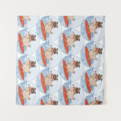 サーフボードのスカーフバンドで波乗りハッピーパグ犬 タペストリー (正面(横))