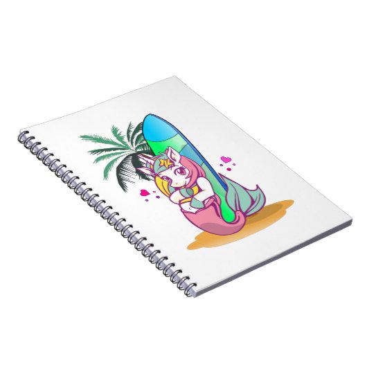 サーフボードを持ったユニコーンがビーチに ノートブック (右側)