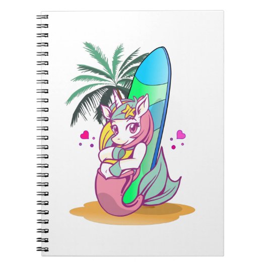 サーフボードを持ったユニコーンがビーチに ノートブック (正面)