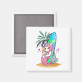 サーフボードを持ったユニコーンがビーチに マグネット (正面/裏面)