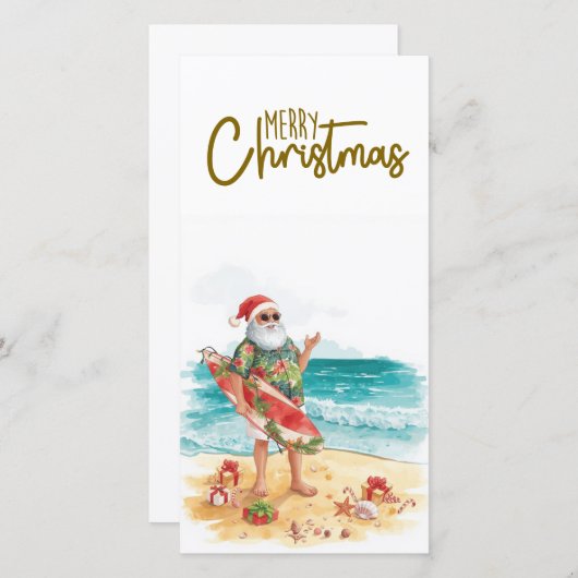 サーフボードを持つサンタクロース クリスマストロピカル シーズンカード (正面/裏面)