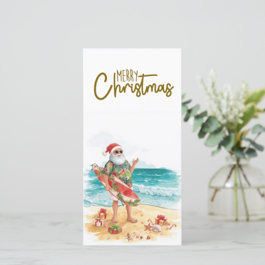 サーフボードを持つサンタクロース クリスマストロピカル シーズンカード (スタンド正面)