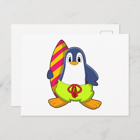 サーフボードを持つサーファーとしてのペンギン ポストカード (正面/裏面)
