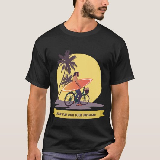 サーフボードを楽しむレトロサーファー自転車  Tシャツ (正面)