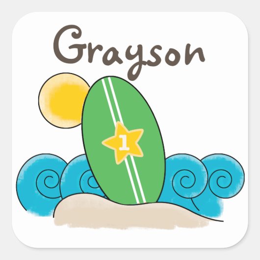 サーフボードウェーブスファースト誕生日パーティーの好意 スクエアシール (正面)