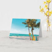 サーフボードオンビーチ装飾用クッション カード (黄色い花)